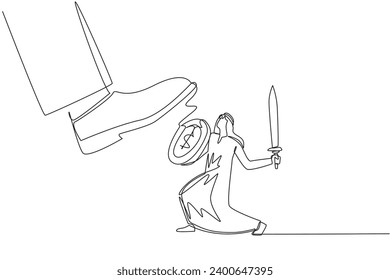 Single continuous line drawing Arab businessman tries to ward off giant foot wants to step on him. Fight against the detrimental rules of tyrannical sovereigns. One line design vector illustration