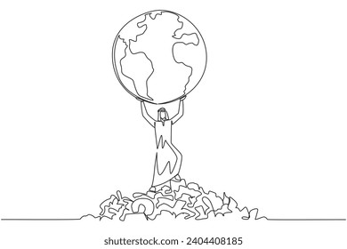 Single continuous line drawing Arab man raises globe with both hands. Keep earth free from scattered rubbish. Environmental care. Protect the earth. Love the earth. One line design vector illustration
