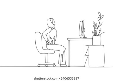 Single continuous line drawing Arab woman sitting in work chair with hands holding waist. Stretching. Too focused and rarely drinking, makes feels stiff. Hectic. One line design vector illustration