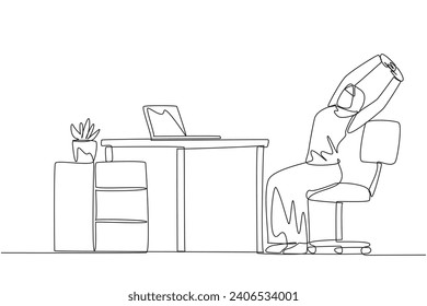 Single continuous line drawing Arab woman sitting in work chair while raising both hands. Squirming. Need relaxation. Complete reports on time. Overtime on weekend. One line design vector illustration