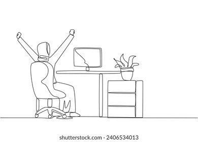 Single continuous line drawing Arab woman sit on chair opening and raising hands. Squirming raising hands up. Releasing fatigue. Stretching. Overtime on weekend. One line design vector illustration