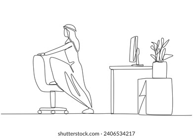 Single continuous line drawing Arab man stands while lifting one of his legs onto a chair. Stretch the legs. Avoid minor injuries to the foot. Exercise and work. One line design vector illustration