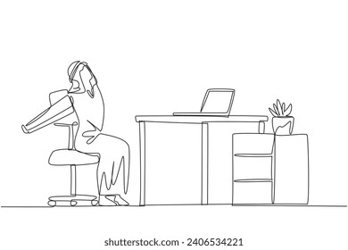 Single continuous line drawing Arab man sitting in work chair stretching arms behind back. Stretching. Squirming. Decided to rest for a while. Overtime on weekend. One line design vector illustration