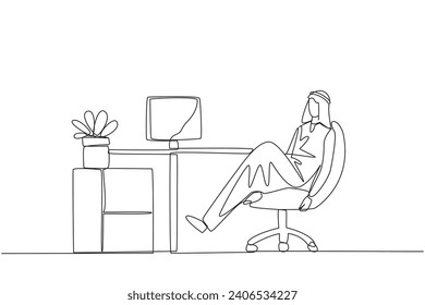Single continuous line drawing Arab man sits in work chair with one of legs raised and folded. Take a break from busy overtime on weekend. Restore the mood. Hectic. One line design vector illustration