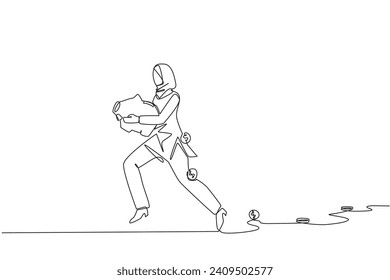 Single continuous line drawing Arab businesswoman running carrying a piggy bank with coins scattered around. Investments cannot fail. Save important company assets. One line design vector illustration