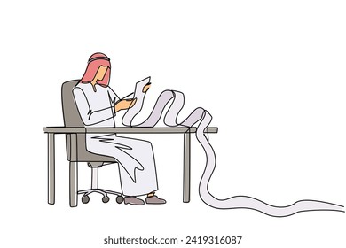 Single continuous line drawing Arab businessman sitting in work chair holding roll of billing paper. Monthly recurring bill payment. Employee salary bills and other payments. One line design vector