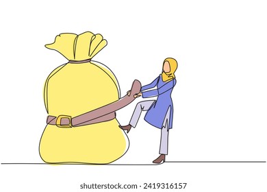 Single continuous line drawing Arab businesswoman wrapped around and pulled the money bag with a belt. Investment decrease, sale drop. Save on unnecessary expenses. One line design vector illustration