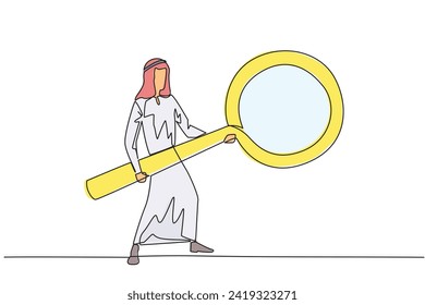 Single continuous line drawing Arab businessman standing holding a giant magnifier. Resembling a guitar player, he searches, analyzes, finds all the necessary data. One line design vector illustration