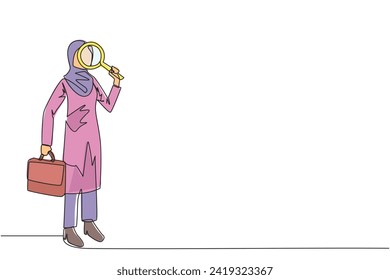 Single continuous line drawing Arab businesswoman stood holding magnifier and the other holding a briefcase. Look for smallest possible opportunities for profit that can be exploited. One line vector