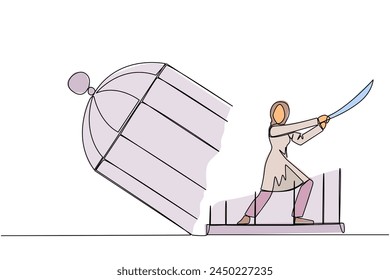 Single continuous line drawing Arab businesswoman trapped in cage holds samurai. Expression of anger over limitations that shackle. Seek freedom at any cost. Madness. One line vector illustration