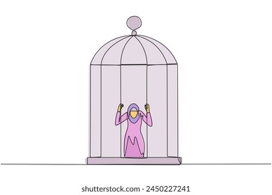 Single continuous line drawing Arab businesswoman trapped in cage kneeling holding iron bars. Framed by business partner. Have to bear all the consequences. Unfair. One line design vector illustration