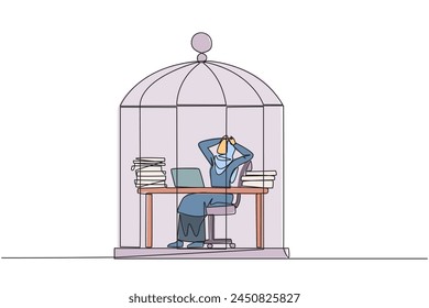 Single continuous line drawing Arab businesswoman trapped in cage sitting on office chair holding head. Being in a routine trap. Tired and irritated with the daily grind. One line vector illustration