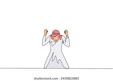 Single continuous line drawing Arab businessman kneeling like praying. Lost hope. Businesses will bankrupt if fail to get bona fide clients. Gesture of surrender. One line design vector illustration