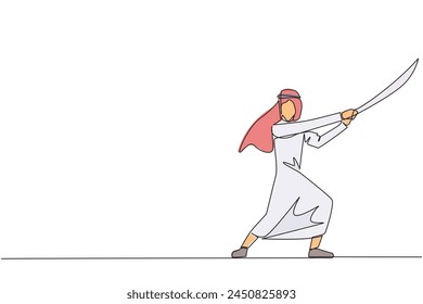 Single continuous line drawing Arab businessman holding samurai. Stylized like samurai athlete guarding the business. Prepared to eliminate disrupt business growth. One line design vector illustration