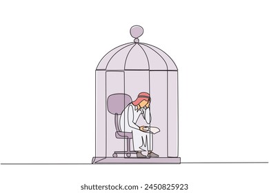 Single continuous line drawing Arab businessman trapped in cage sitting pensively holding paper. Failed business. Read the bankruptcy statement. Frustration. Sad. One line design vector illustration