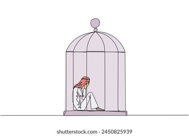 Single continuous line drawing Arab businessman trapped in the cage sitting covering face. Feel utterly defeated. Trapped in a dirty business. Mentally tired. Lost. One line design vector illustration