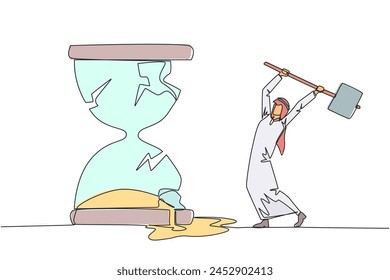 Single continuous line drawing Arab businessman preparing to hit the big hourglass. Remove reminders. Work without rules. Undisciplined. Detrimental to the company. One line design vector illustration