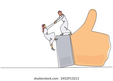 Single continuous line drawing Arab businessman helps colleague climb big finger gesture thumbs up. Working together towards success. Positive vibes. Cohesiveness. One line design vector illustration