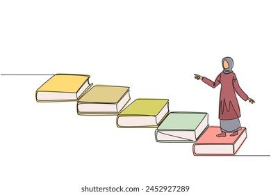 Single continuous line drawing Arab woman climb stairs from books. Reading increases knowledge which can increase the dignity of better life. Book festival concept. One line design vector illustration