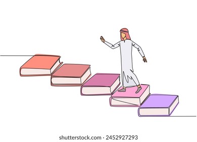 Single continuous line drawing Arab man climb stairs from books. Reading increases knowledge which can increase the dignity of a better life. Book festival concept. One line design vector illustration