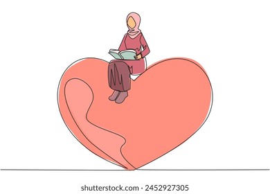 Single continuous line drawing Arab woman sitting on big heart. Reading romantic fiction book. Enjoy storyline. Hobby reading story books. Book festival concept. One line design vector illustration