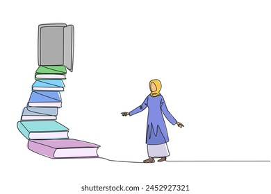 Single continuous line drawing Arab woman climb stairs from the book stack. Towards the wide open door. Metaphor of finding the answers from books. Book festival. One line design vector illustration