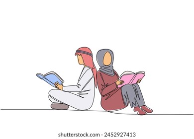 Single continuous line drawing Arab man woman sitting while reading the book. Reading the books to learn. The fast learner. Book festival concept. Happy reading. One line design vector illustration