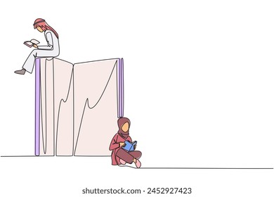 Single continuous line drawing Arab man woman sitting reading books while the big book is open. Serious and focus learning increases insight. Book festival concept. One line design vector illustration