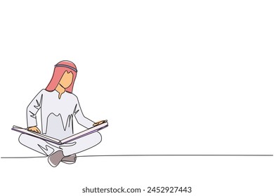 Single continuous line drawing Arab man sit down and put reading book on feet. Interesting to read the complete geographic map. Eliminate curiosity. Book festival. One line design vector illustration