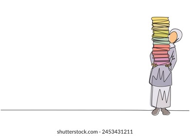 Single continuous line drawing Arab woman carrying tall stack of books covering herself. Newly purchase book from bookstore. Read books one by one at home. Reading. One line design vector illustration