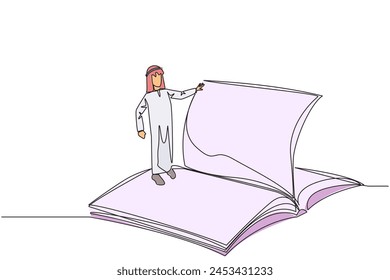 Single continuous line drawing Arab man standing over open ledger turning the pages. Read slowly to understand the contents of each page. Reading increases insight. One line design vector illustration
