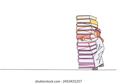 Single continuous line drawing Arab man hugging a very high pile of books. Hobby to collecting and reading books. Filling free time with useful things. Loving read. One line design vector illustration