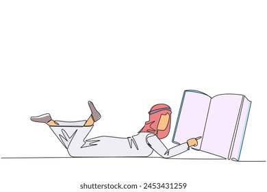 Single continuous line drawing Arab man lying on his stomach reading big book. Enjoy reading books in a variety of styles. Reading increases insight. Love reading. One line design vector illustration