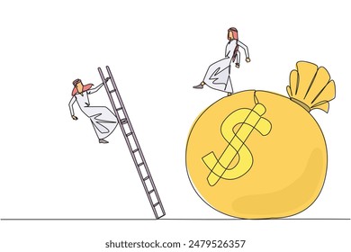 Single continuous line drawing Arab businessman kicks opponent who climbs the money bag with a ladder. Cheated by a business partner. Unprofitable business. Rival. One line design vector illustration