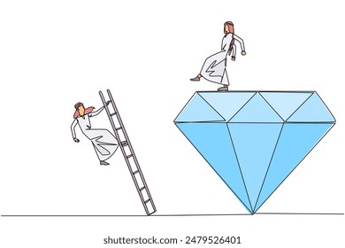 Single continuous line drawing Arab businessman kicks rival who climbs the diamond with a ladder. Knocking rival down from achieving a glorious position together. One line design vector illustration