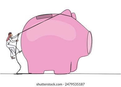 Single continuous line drawing Arab businessman climbing piggy bank with rope. Entrepreneur working hard to make investments preparing for retirement. Smart worker. One line design vector illustration