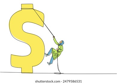 Single continuous line drawing Arab businesswoman climbs dollar symbol with rope. Looking for extra money because of high needs. Smart work combined with hard work. One line design vector illustration