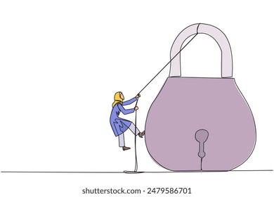 Single continuous line drawing Arab businesswoman climbs padlock with rope. Do the best to privatize business. Sole owner. The result of smart hard work. Work hard. One line design vector illustration