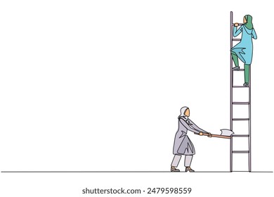 Una sola línea continua que dibuja a una empresaria árabe sube la escalera para lograr la recompensa esperada. Destruida silenciosamente. El negocio no se desarrolló. Destruidos por traidores. Ilustración vectorial de diseño de una línea