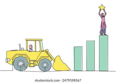 Single continuous line drawing Arab businesswoman standing on highest bar raising a star. Bulldozer ready to destroy the happiness. Betrayal. Fake friends. Traitor. One line design vector illustration