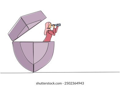 Single continuous line drawing Arab businesswoman emerges from shield look for something with binoculars. Combining knowledge and experience for data protection. One line design vector illustration