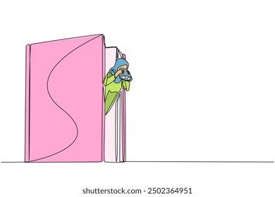Single continuous line drawing Arab businesswoman appears out of old book look for something with binocular. Equating people's stories with history written in book. One line design vector illustration