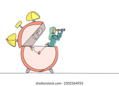 Single continuous line drawing Arab businesswoman emerges from alarm clock looking for something with binoculars. Prepare business files from now on. Don't delay. One line design vector illustration