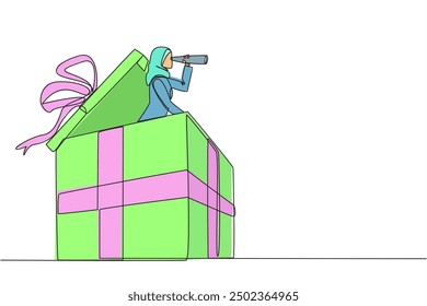 Single continuous line drawing Arab businesswoman emerges from gift box look for something with binocular. Looks other opportunities to turn it into profitable business. One line vector illustration