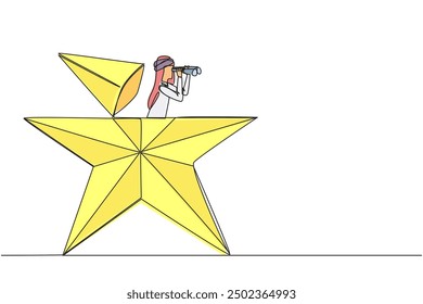 Single continuous line drawing Arab businessman emerging out of star shape look for something through binoculars. Want to share success stories. Ultimate success. One line design vector illustration