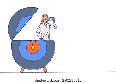 Single continuous line drawing Arab businessman appears out of arrow board target look for something through binoculars. Search for the lost one; focus on business. One line design vector illustration