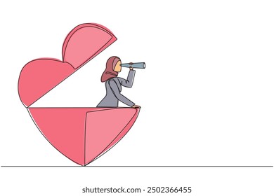 Single continuous line drawing Arab businesswoman emerges from heart shape look for something with binoculars. Success in business because of support from family. One line design vector illustration