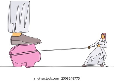 Single continuous line drawing Arab businessman tries to take piggy bank stepped on by giant foot. Do it in various ways, including using a rope. Appropriateness. One line design vector illustration
