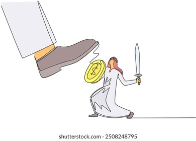 Single continuous line drawing Arab businessman tries to ward off giant foot wants to step on him. Fight against the detrimental rules of tyrannical sovereigns. One line design vector illustration