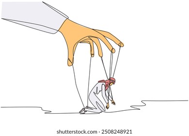 Single continuous line drawing Arab businessman kneels, entire body bound by ropes controlled by giant hand. Frustration. Business is increasingly losing money. One line design vector illustration